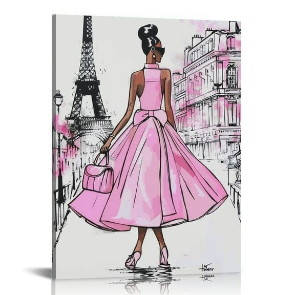 ONETECH Black Girl Pink Canvas Wall Art African American Painting Wall Decor Fashion Women In Paris Eiffel Tower Pictures Modern Framed Prints Artwork for Girls Room Bathroom Bedroom