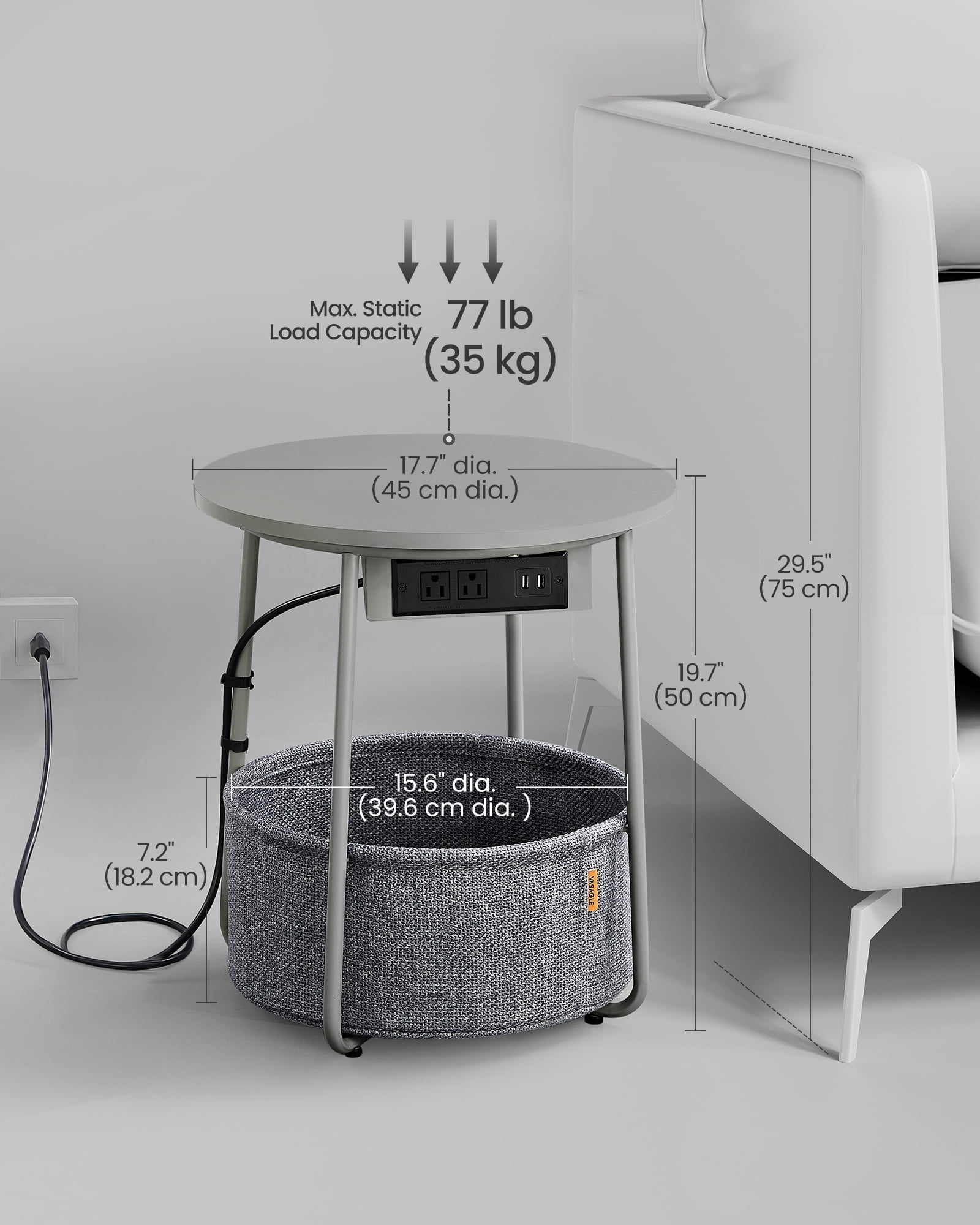 VASAGLE LILEA Collection - Side Table with Charging Station, Round End Table with Fabric Basket, Nightstand with USB Ports, for Living Room, Bedroom, Modern, Dove Gray and Slate Gray