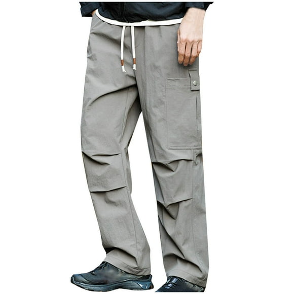 Jgppe Men's Baggy Cargo Pants Drawstring Mid Waist Pockets Straight Leg Loose Parachute Pants Hiking Trousers
