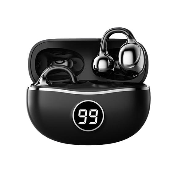 Open Ear Clip On Earbuds, Wireless Earphones with HiFi Stereo, Noise Reduction, Charging Case and Low Latency for Sports and Calls, Black