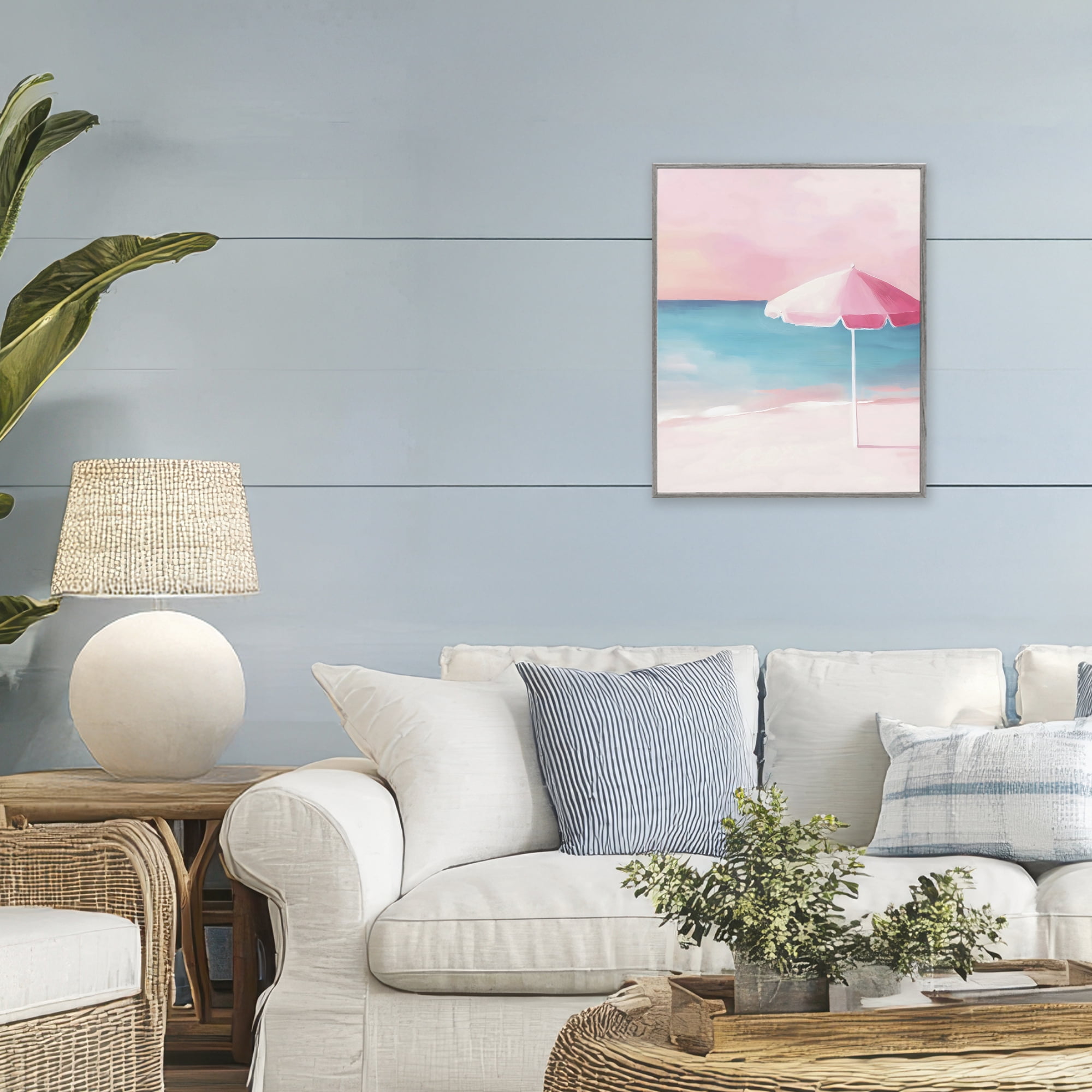 Stupell Industries Serene Pink Beach Umbrella Gray Framed Giclee Art, design by The Prints Vibe
