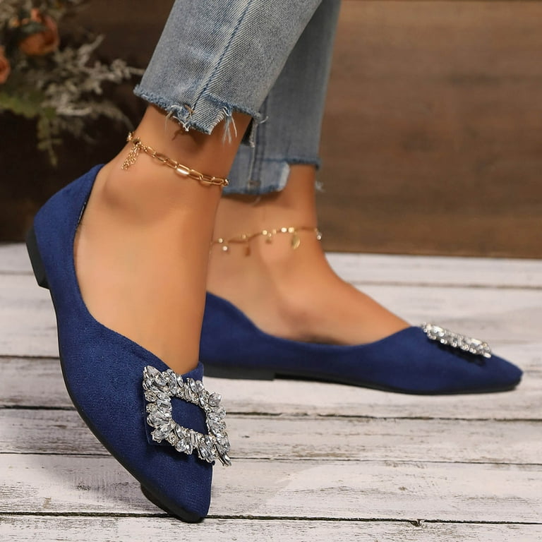 Viluyesy Womens Ballet Flats, Suede Square Rhinestone Pointed Toe