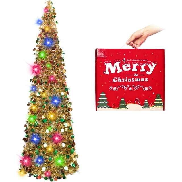 Fall Tree Home Decor Pop Up Tree with Lights & Timer & Modes Collapsible Tinsel Pencil Tree for Autumn Harvest Porch Thanksgiving Party Decorations Maple Leaves