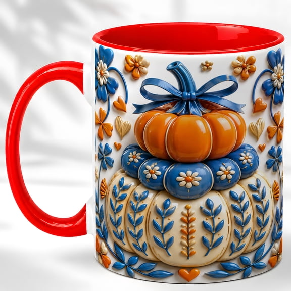 Stacked Pumpkin Coffee Mug, Folk Floral Mug, Ceramic 11 oz