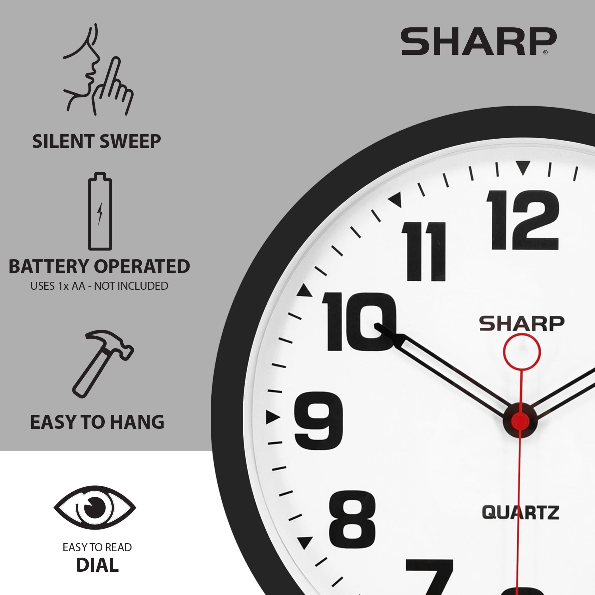 Sharp Matte Black Wall Clock 12" Non-Ticking Modern Style Quartz Analog Display Battery Operated