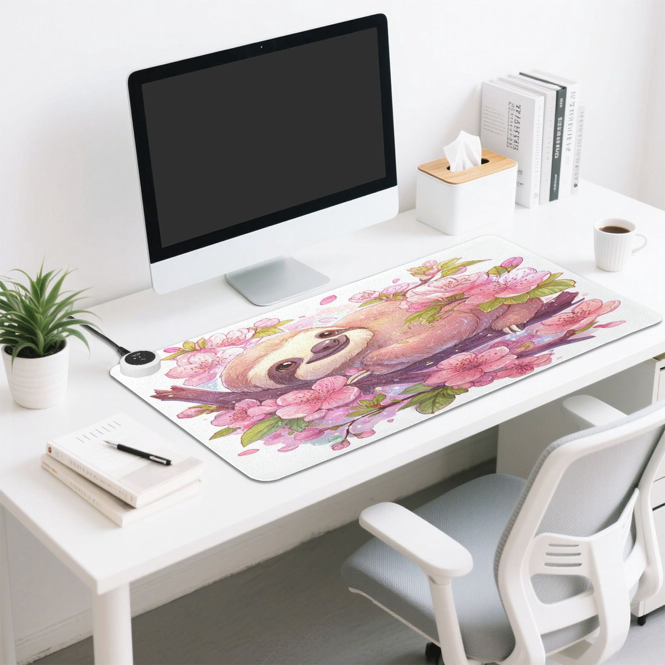 Large Heated Desk Mat Mouse Pad 31.5"x13"PU Leather Graphene Heating Desk Warmer with 3 Temperature Settings 110V US Plug Non-Slip Warm Pad for Home, Office, and Gaming Sloth in Cherry Blossoms