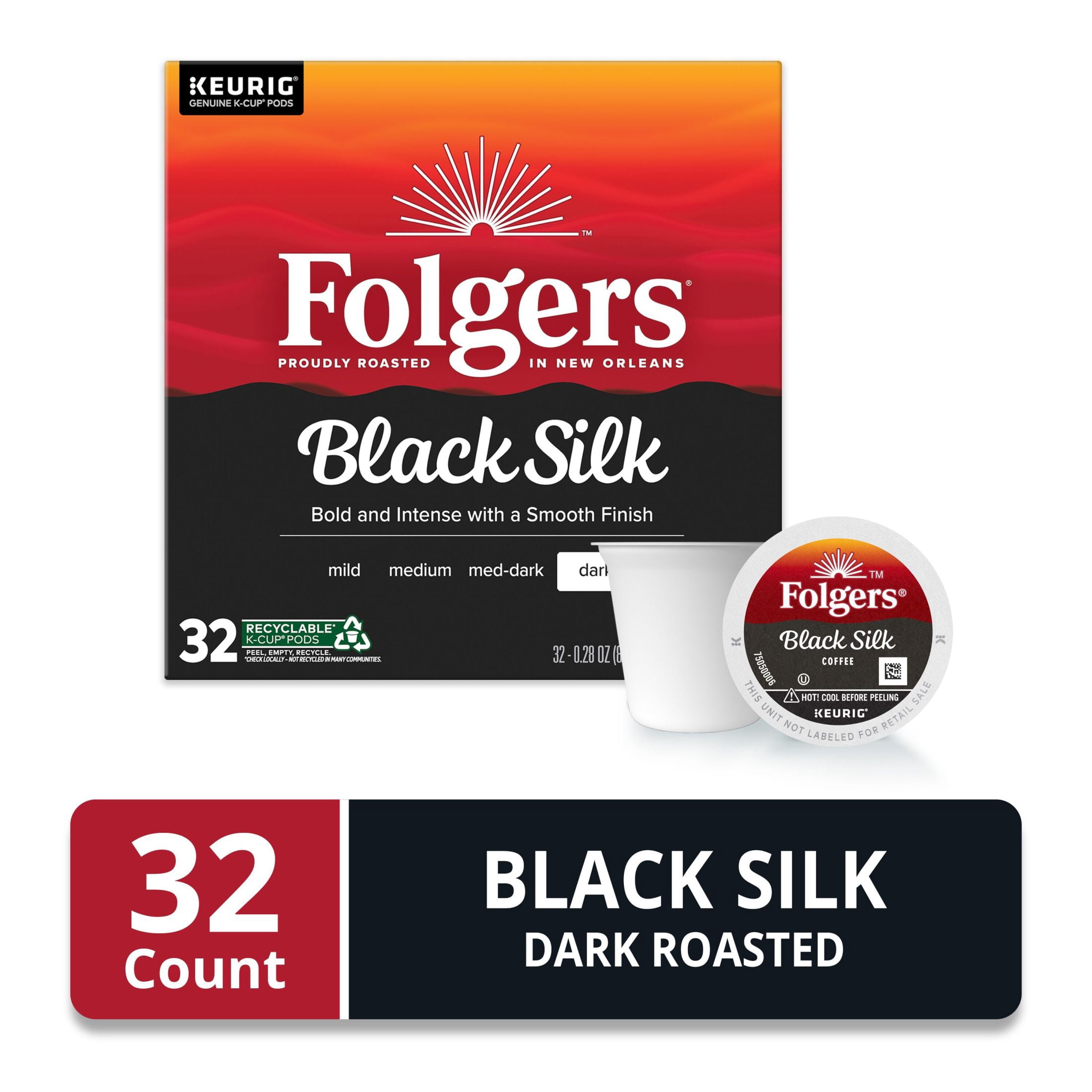 Folgers Black Silk Dark Roast Coffee, Keurig K Cup Pods, 32 Count Box