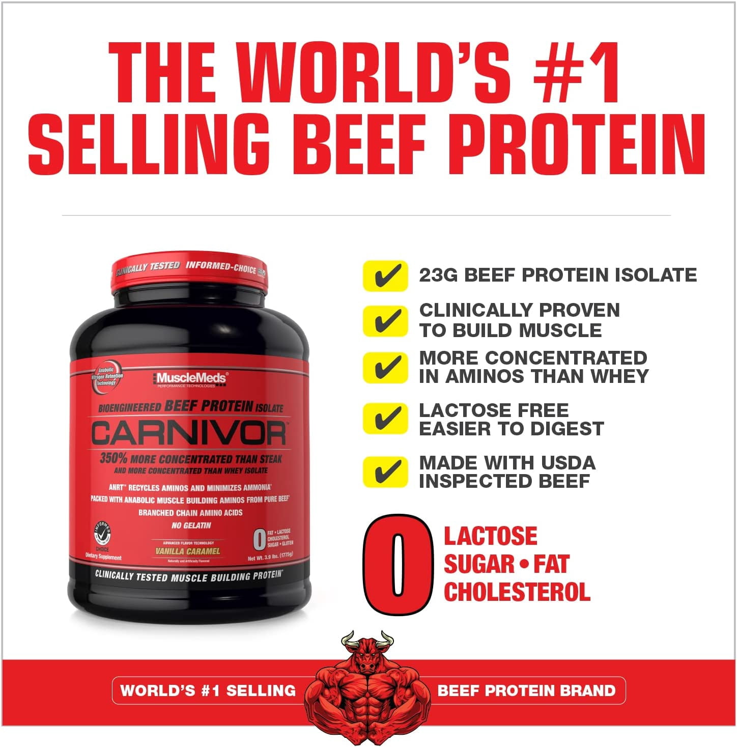 MuscleMeds Carnivor Hydrolyzed Beef Protein Isolate, Lactose Free, Sugar Free. Fat Free, Muscle Building, Recovery, Protein Powder, Vanilla Caramel, 3.9 Pound, 56 Servings