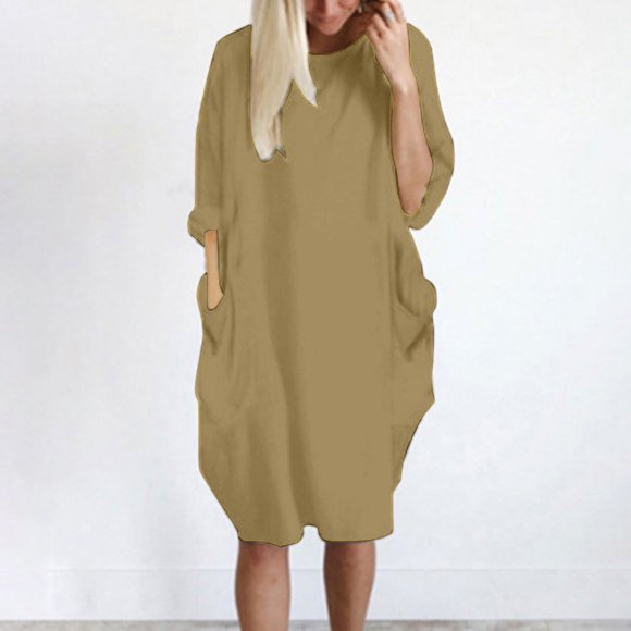 Xuniizn Long Sleeve Plus Size Dress for Women, Solid Color Knee Length Crew Neck Fall Loose Dress, Soft Comfortable Casual Dress with Pocket