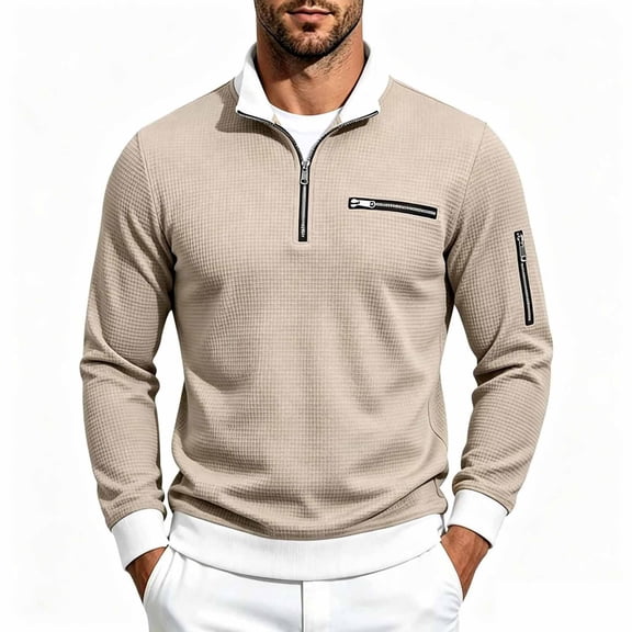 Jessboyy Mens Sweatshirts no Hood Long Sleeve Quarter Zip Pullover Work Casual Golf Waffle Knit Pullover Shirts Collared Sweatshirt Fall Winter Khaki,S