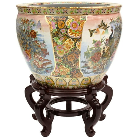 Red Lantern 14" Satsuma Garden & Peacock Porcelain Fishbowl Planter