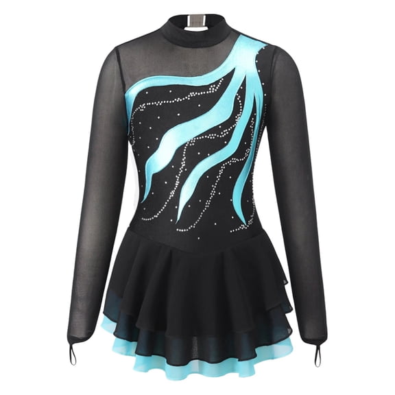 Kids Girls Long Sleeve Rhinestone Figure Skating Dress Patchwork Ballet Gymnastics Performance Clothes