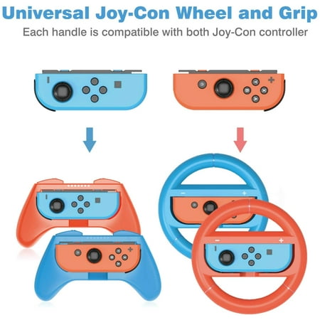 HEYSTOP Switch Wheel Controller for Nintendo Switch & Switch OLED Model 2022 (4 Pack) Joy Con Controller Grip and Switch Steering Wheel for Mario Kart (Red&Blue)