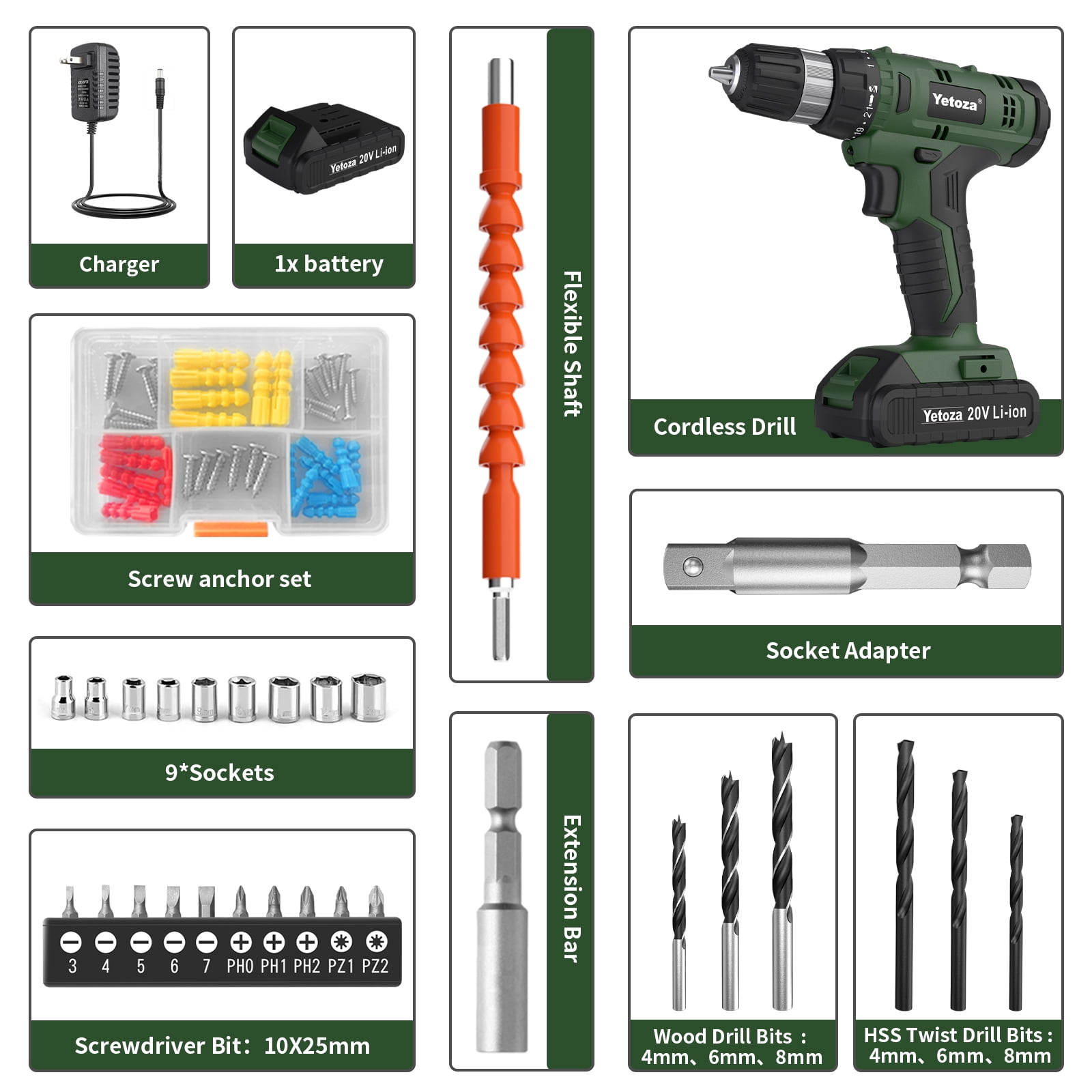20V Cordless Drill Set with Lithium-Ion Battery and Charger, Electric Power Drill/Driver Kit, 3/8" Keyless Chuck, 22 Torque Settings, Includes 60pcs Drill Bits and Sockets for Home DIY Projects