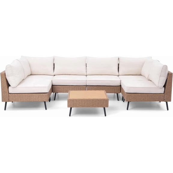 Outdoor Patio Furniture, 7 Piece Outdoor Sectional Sofa PE Rattan Wicker Patio Conversation Sets, All Weather Patio Furniture Set with Thick Cushions for Garden, Backyard