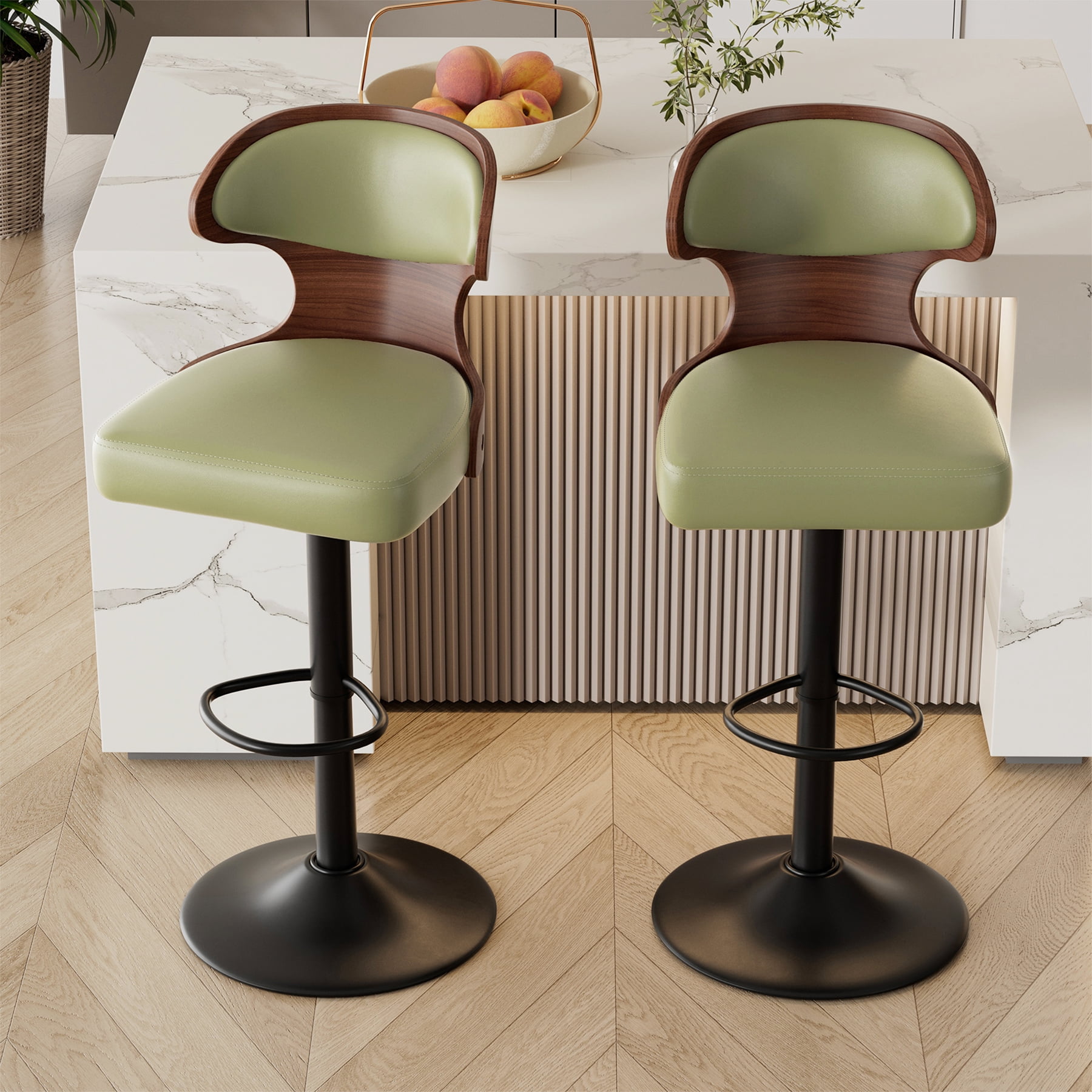 Hawsaiy Bar Stools Set of 2, Adjustable Height 24.5"-33.5", Bentwood Swivel Barstools with Back & Footrest, PU Leather Upholstered Bar Chairs for Kitchen Island, Dining Room, Home Bar