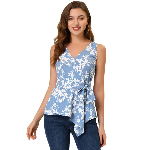 Allegra K Top peplum envolvente con dobladillo asimétrico en la cintura con cuello en V sin mangas para mujerAzul Blanco-Floral M