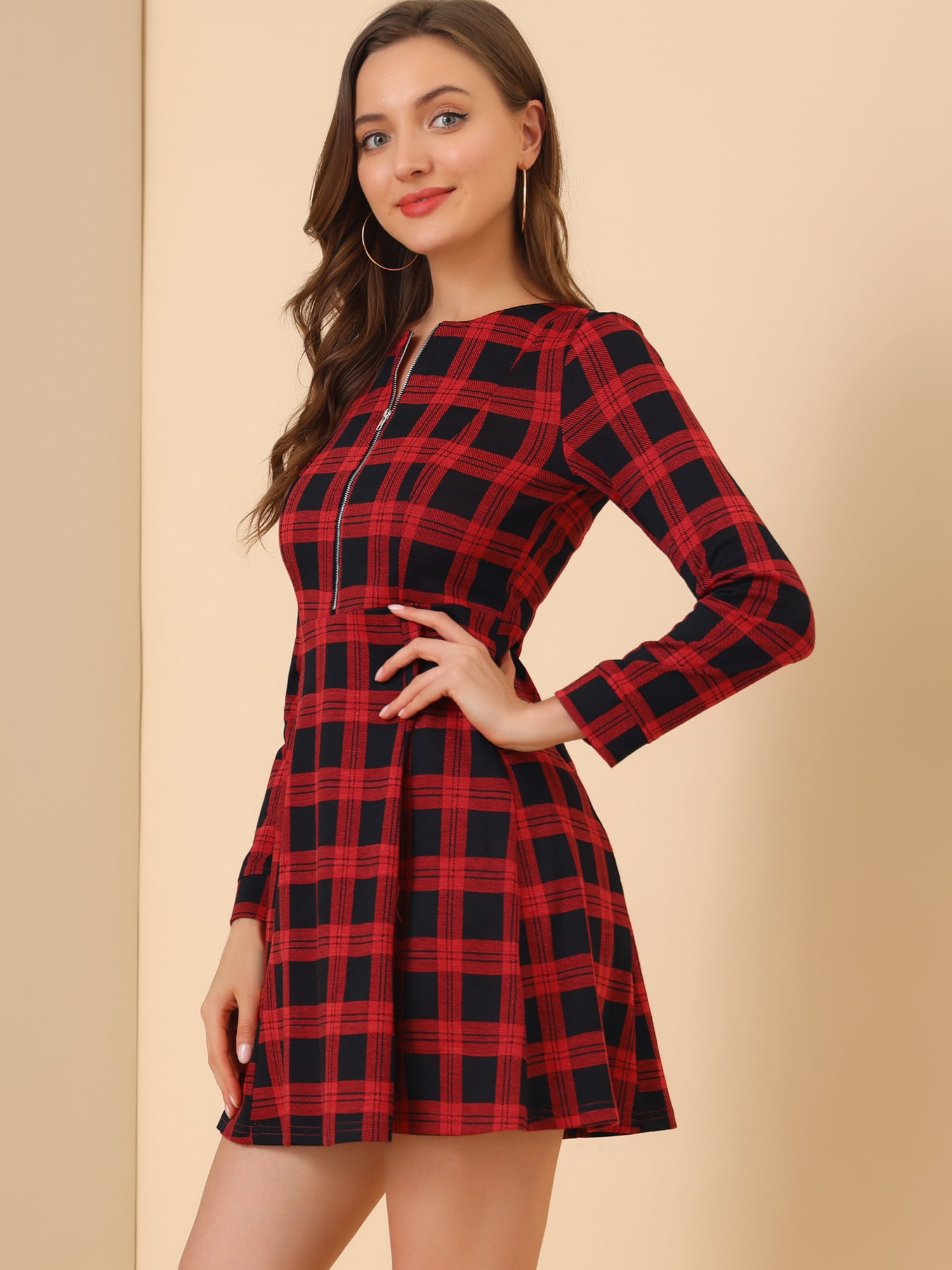 Unique Bargains Women's Plaid Vintage Zip up Long Sleeve Fit and Flare Mini Dress M Red