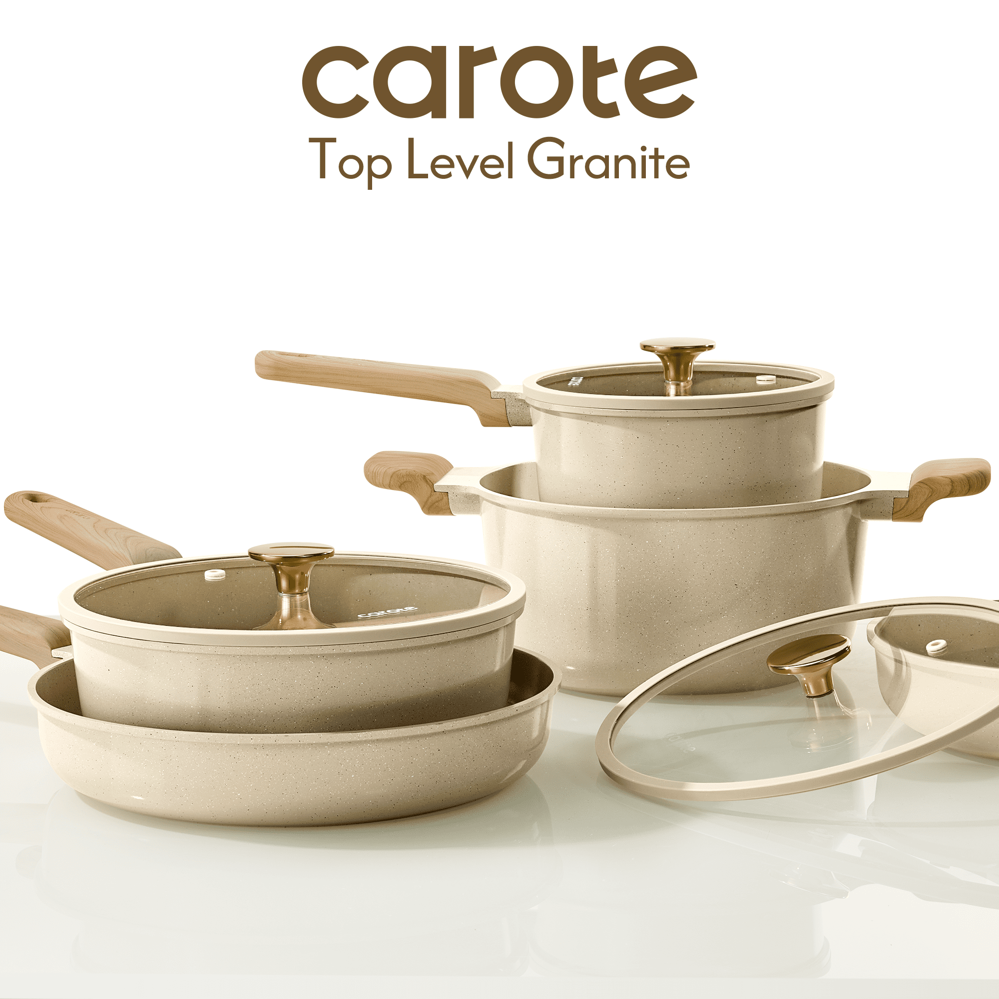 CAROTE 19-Piece Ceramic Pots and Pans Set, Nonstick Cookware Set with Lids, Induction Compatible, Oatmeal