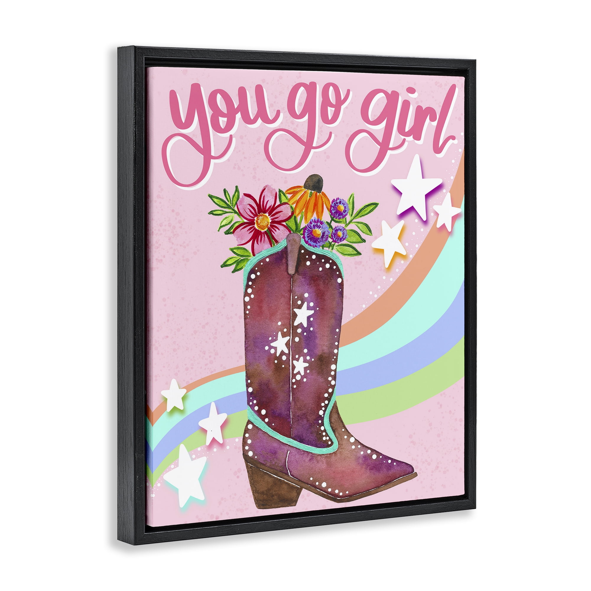Stupell Industries You Go Girl Boot Botanical & Floral Painting Black Floater Framed Art Print Wall Art, 17 x 21