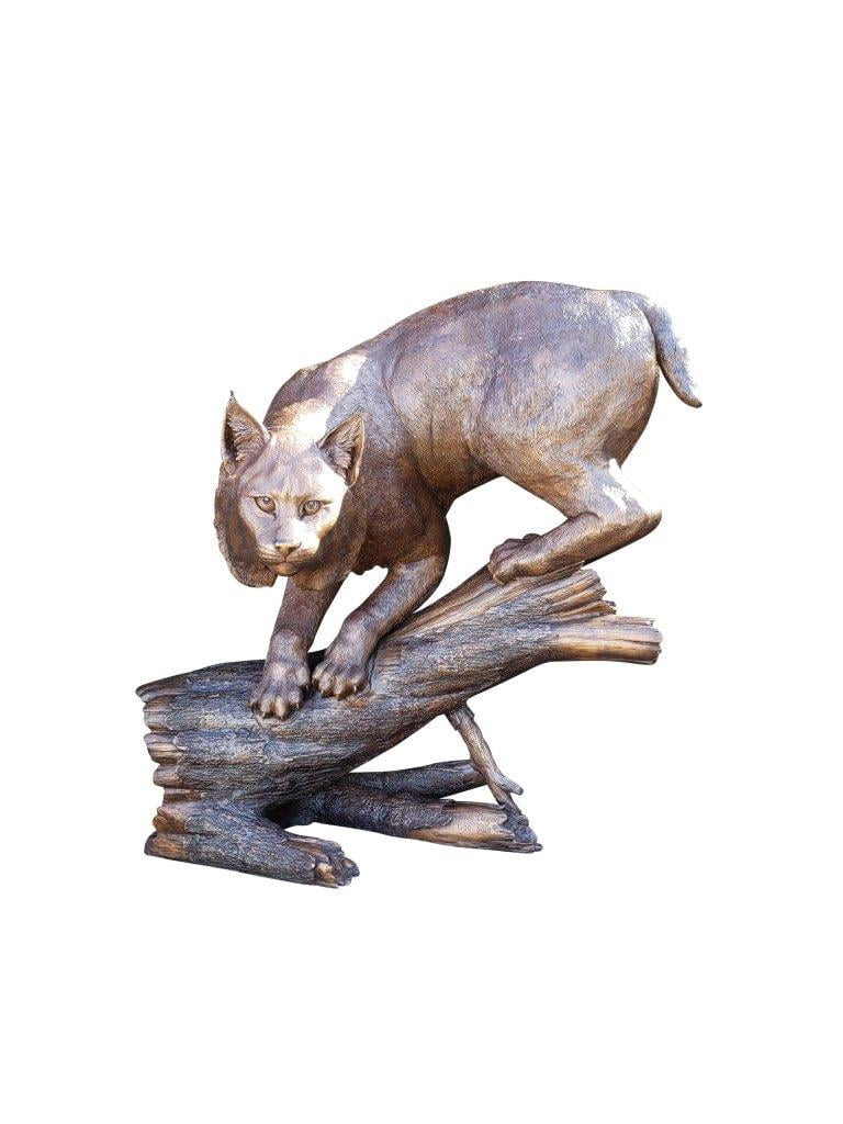 Bobcat Going Down a Tree Log Bronze Statue Size 43"L x 25"W x 41"H