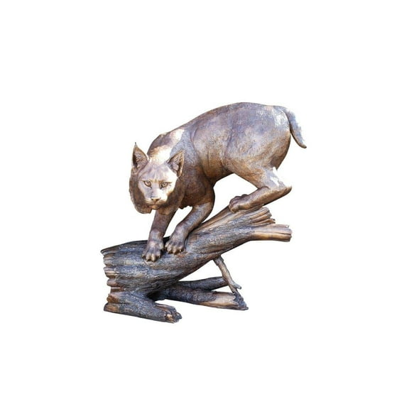 Bobcat Going Down a Tree Log Bronze Statue - Size: 43"L x 25"W x 41"H.