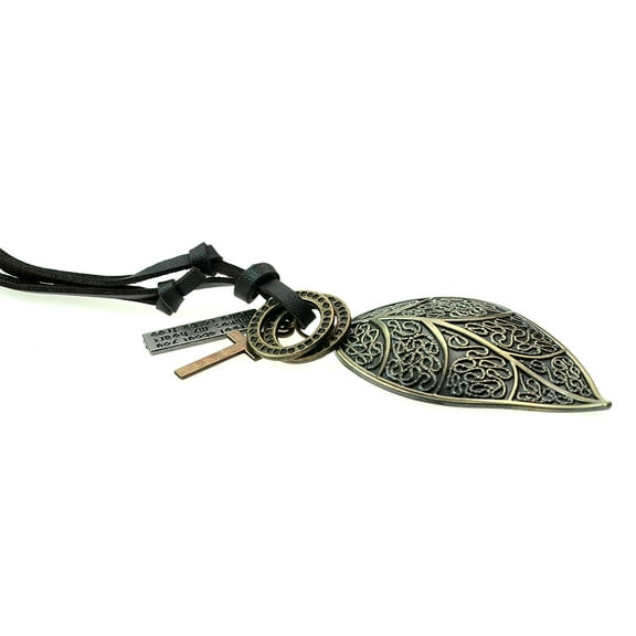 Vintage Bronze Leaf Pendant Tribal Leather Adjustable Necklace - Men Women