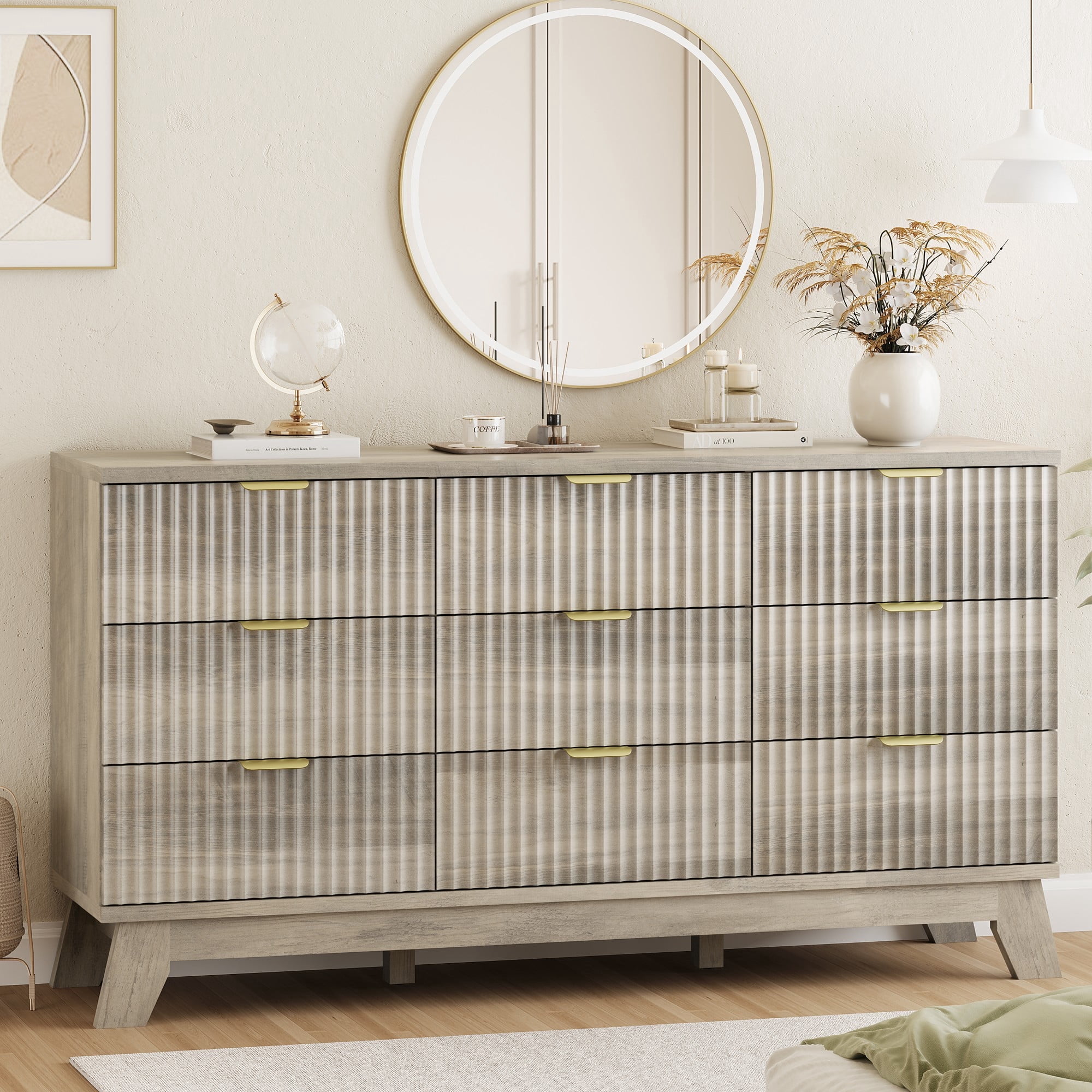 FANRAL 9 Drawers Dresser Fluted Dresser for Bedroom,Wooden Chest of Drawers Modern Dresser for Closet,Gray Dresser