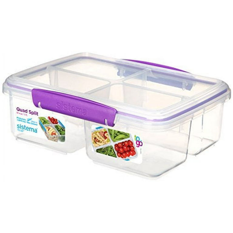 Sistema To Go Quad Split Lunch Box, 1.7L Food Storage Container with 4  Compartments, Clear with Coloured Clips, Assorted Colours [21740-53C] 