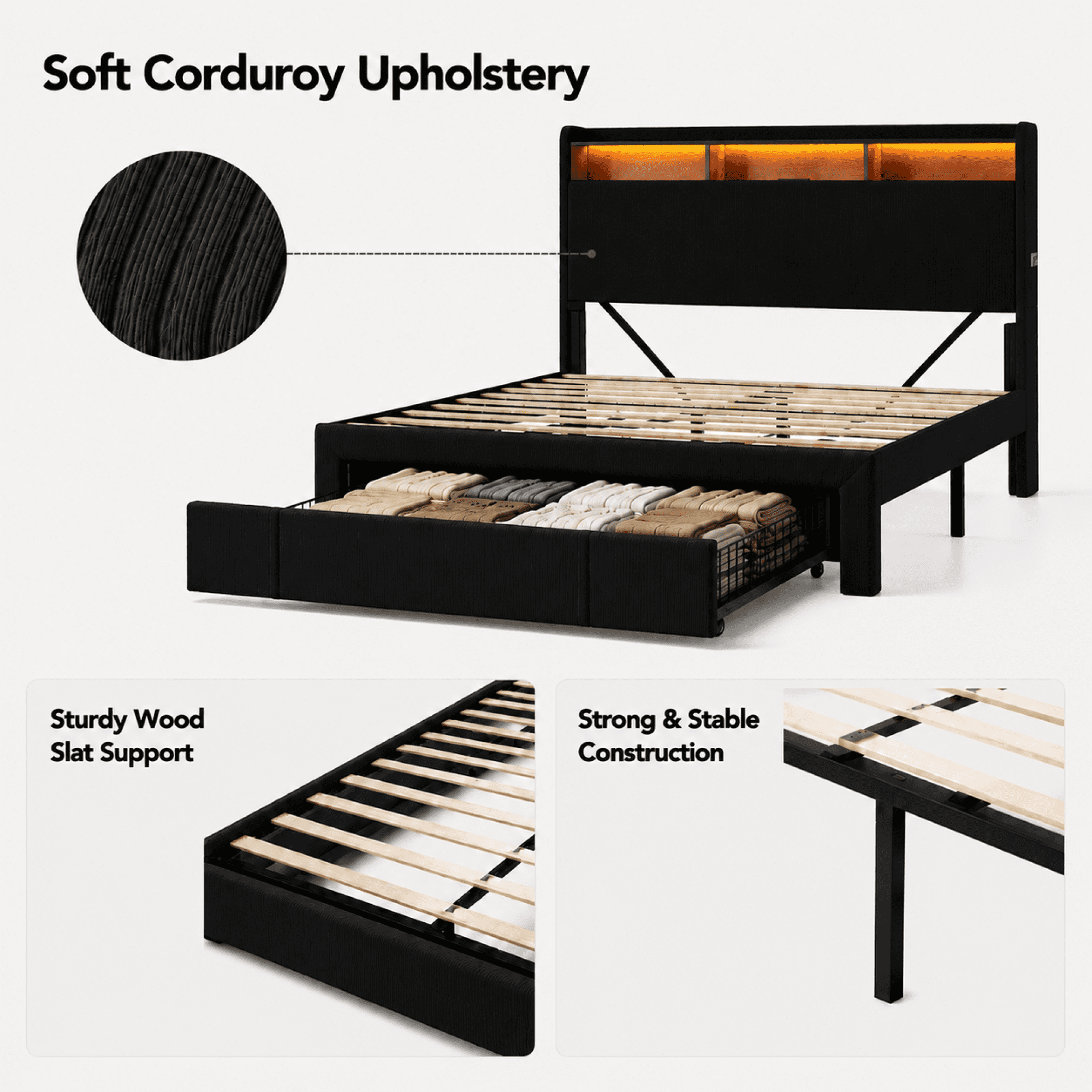 Leumius Queen Size Bed Frame,Upholstered Platform Bed Frame with LED & Charging Station,Drawers and Storage Headboard,Noise-Free, No Box Spring Needed,Black(Queen)