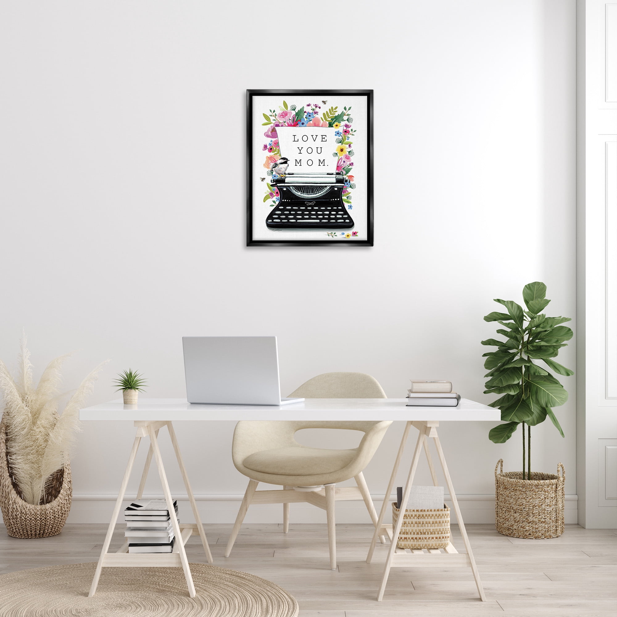 Stupell Industries Love You Mom Typewriter Botanical & Floral Painting Black Floater Framed Canvas Art Print Wall Art, 25 x 31
