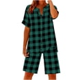 thumbnail image 3 of TaTaai Women's Summer Two Piece Outfit Plaid V-Neck Short Sleeve Button Blouse and Drawstring Waist Shorts Linen-Like Fabric Casual Matching Set Gift, 3 of 7