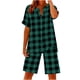 thumbnail image 3 of TaTaai Women's Summer Two Piece Outfit Plaid V-Neck Short Sleeve Button Blouse and Drawstring Waist Shorts Linen-Like Fabric Casual Matching Set Gift, 3 of 7