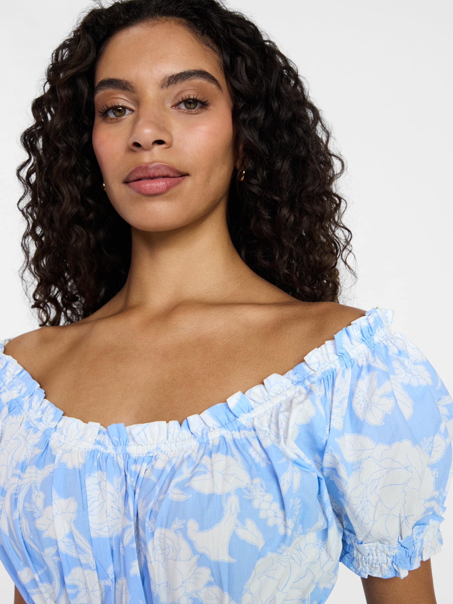 Time and Tru Women's Smocked Cotton Peasant Dress with Short Sleeves, Sizes XS-XXXL