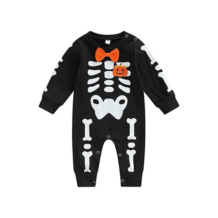 

Newborn Baby Boy Halloween Rompers Long Sleeve Bone Pumpkin Printed Jumpsuit Bow Tie Clothes Infant Bodysuit