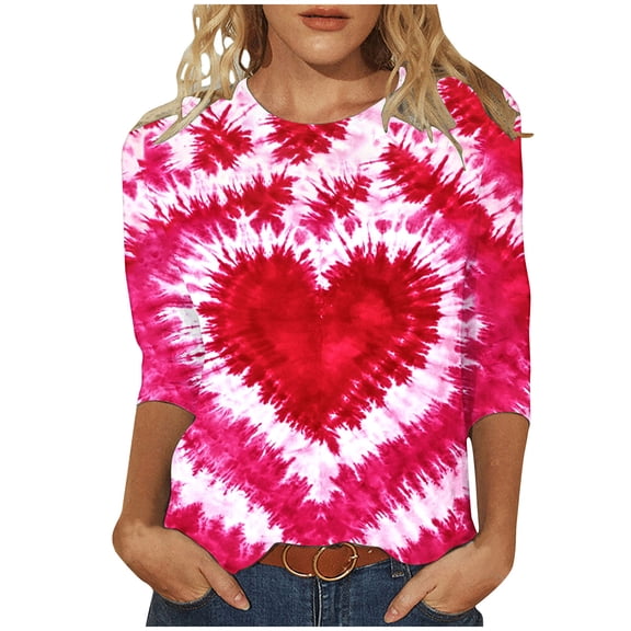 mihongmao Valentine Shirts for Women Plus Size Women Valentine's Day Festival Leisure Print Round Neck Three Quarter Sleeve 3/4 Sleeve T-shirt Loose Pink 5X