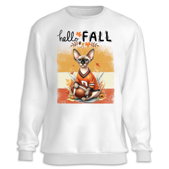Hello Fall Sphynx Football Welcome Autumn with Leaves Pumpkins Sweatshirt Unisex Merch Cat Lover Kitten Owner Gifts Idea - 00012
