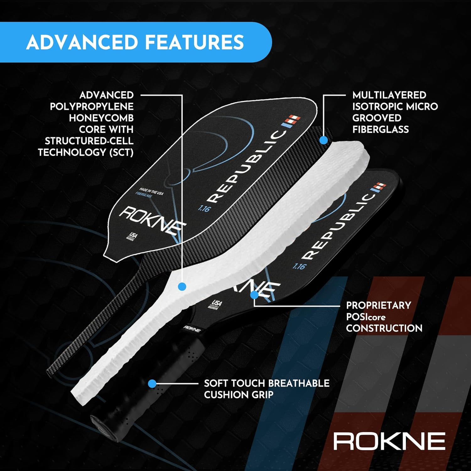 ROKNE Pickleball Republic 1.16 Pickleball Paddle Isotropic Fiberglass Pickle Ball Paddle Pro Grit Texture