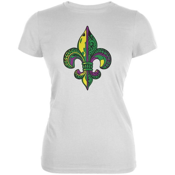 Mardi Gras Ornate Colorful Fleur-de-Lis White Juniors Soft T-Shirt - Medium