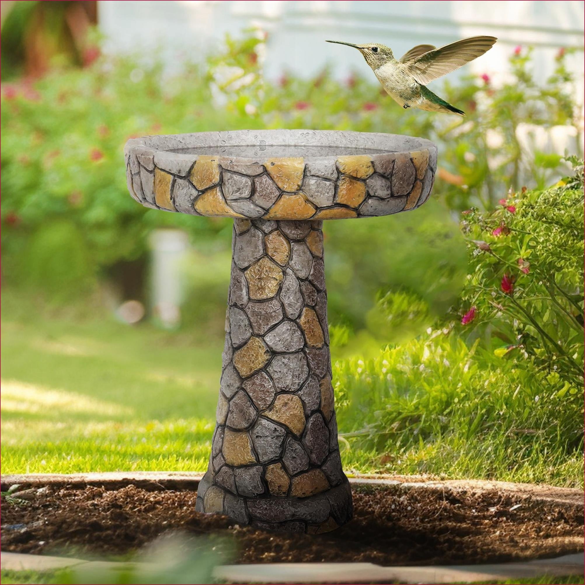 Bird Baths | 24" Tall Traditional Outdoor Garden Pedestal Bird Bath, Antique Stone Finish | Mosaic Stone | Concrete Cement