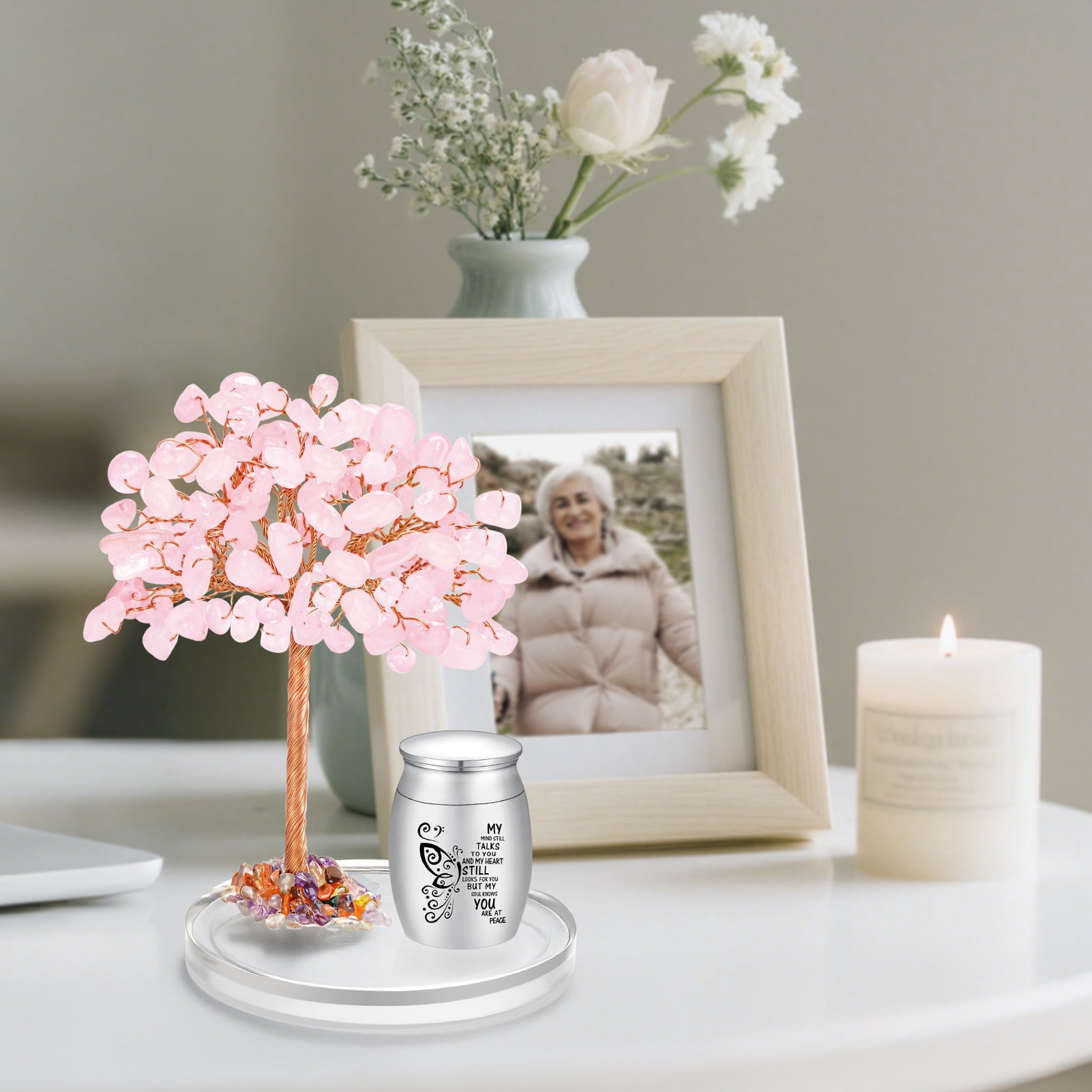Small Urns for Human Ashes Keepsake, 1.57 Inches Stainless Steel Mini Urn for Women Men with Pink Crystal Tree - Decoration Urn Butterfly Cremation Keepsake Sharing Holder