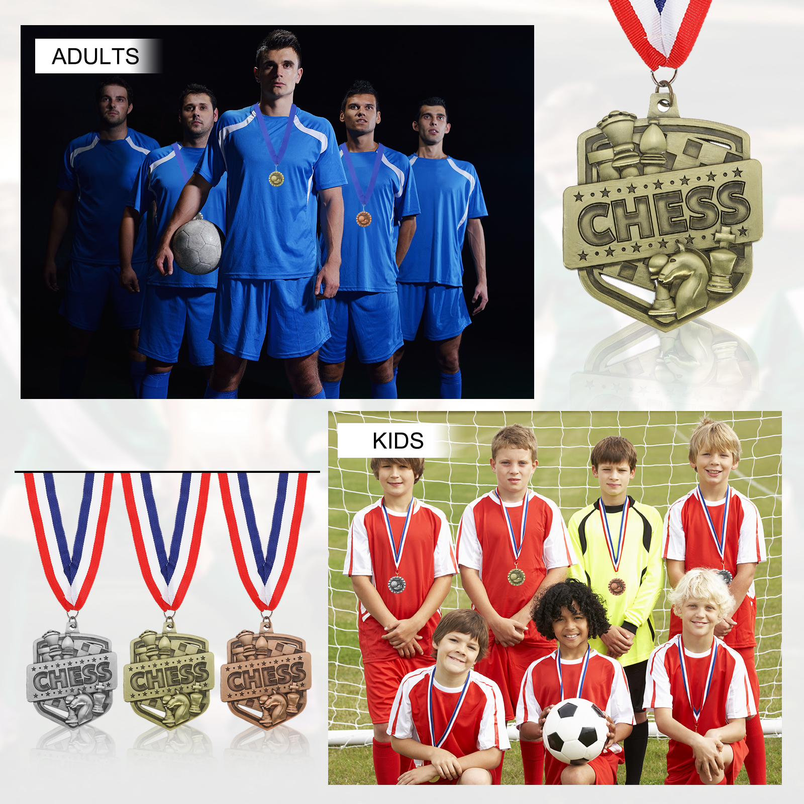 Uxcell Chess Tournament Gold Silver Bronze Award Medals with Red & White & Blue Ribbons, 9 Pcs Winner Medals Prizes for Competitions Sports Party, Gold/Silver/Red