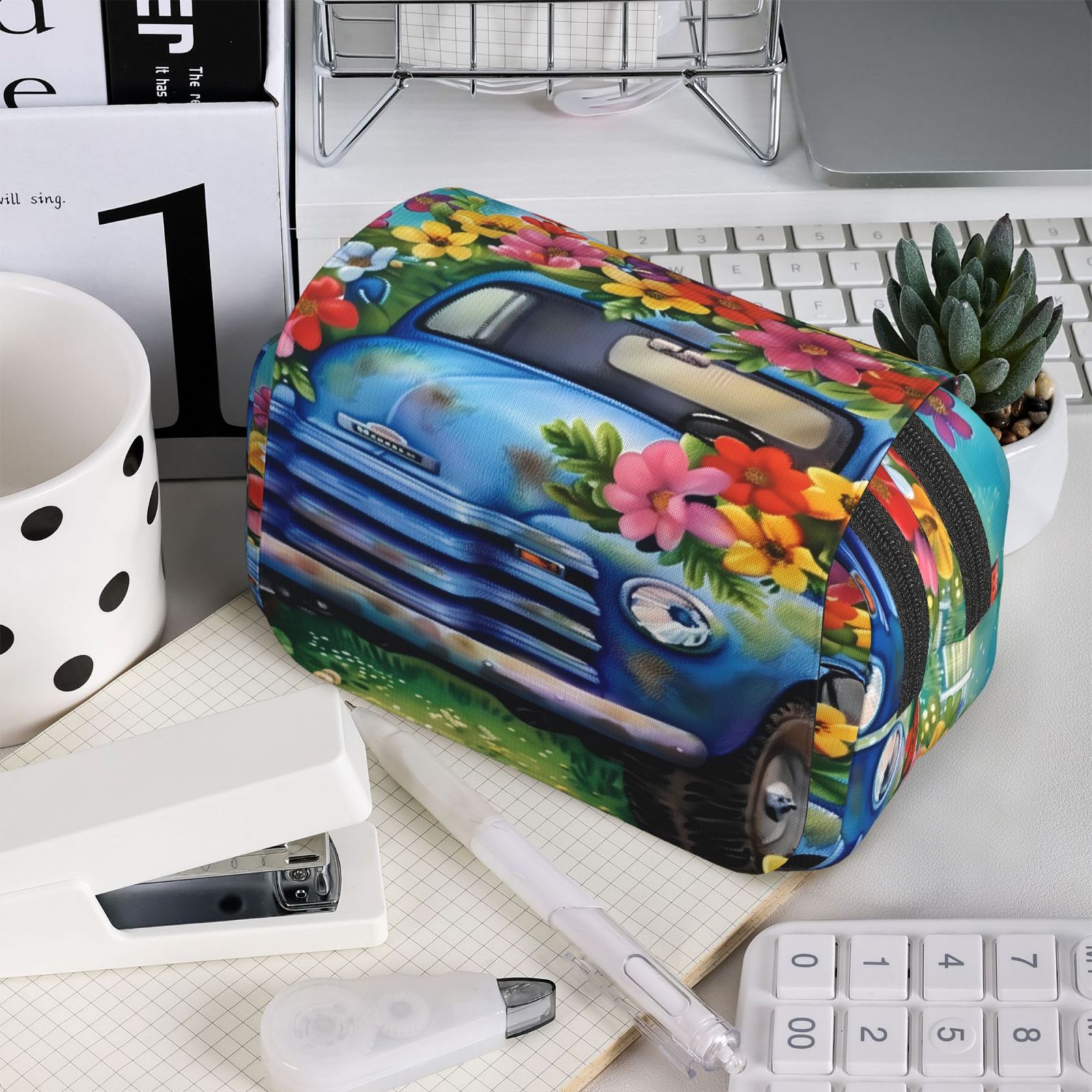 Rateoe Floral Truck Welcome Pattern Double Clamshell Pen Case, Storage Organizer with Two Zipper Compartments– Holds Up to 50 Pencils & Pens