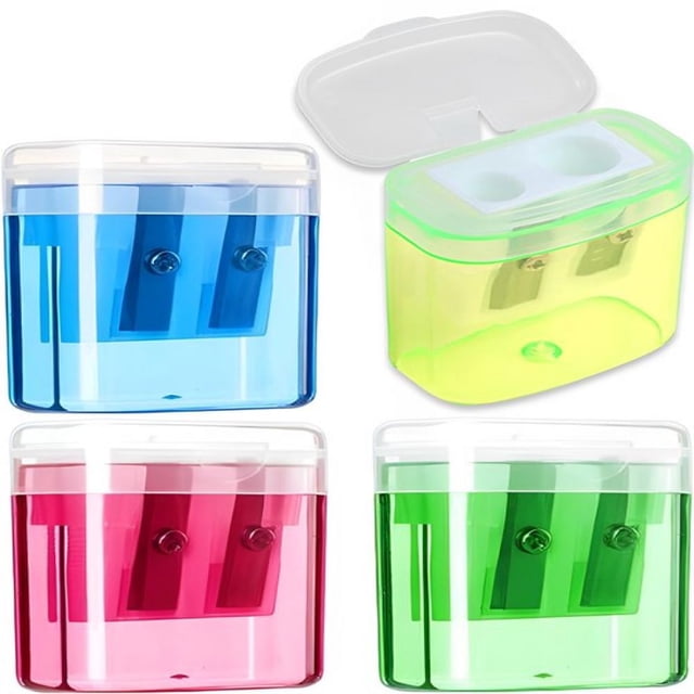 Sacapuntas dobles Crrynuo (paquete de 4) - Azul/Verde/Amarillo/Rosa - Con contenedor para virutas - Para lápices y lápices de colores - Seguro y portátil