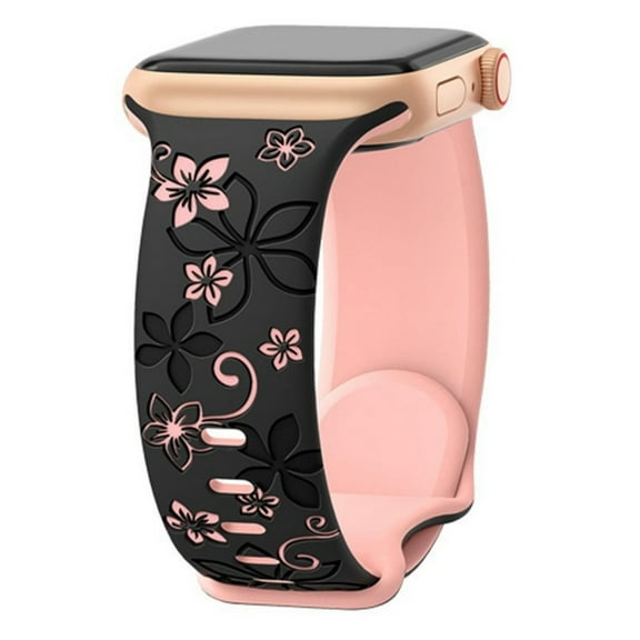 Pozyie Floral Engraved Bands for with Apple Watch Band 41mm 40mm 38mm for Women,Cute Flower Soft Silicone Sport Strap for iWatch Series ,Black
