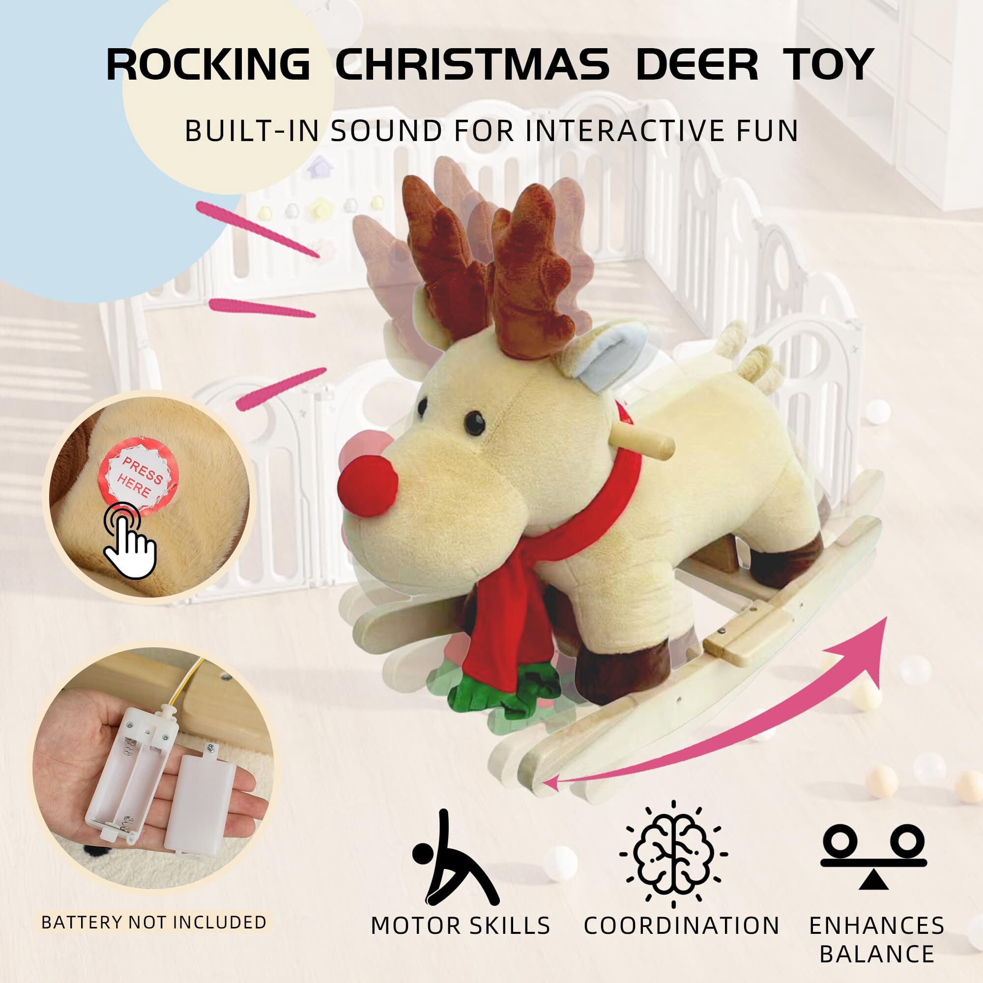 DIPU-Home Moose Ride-On Rocking with Lullaby Song, Hand Puppets, Safety Belt, Plush Rocking Horse for Ages 1-3, Interactive Kids Rocker, Apricot