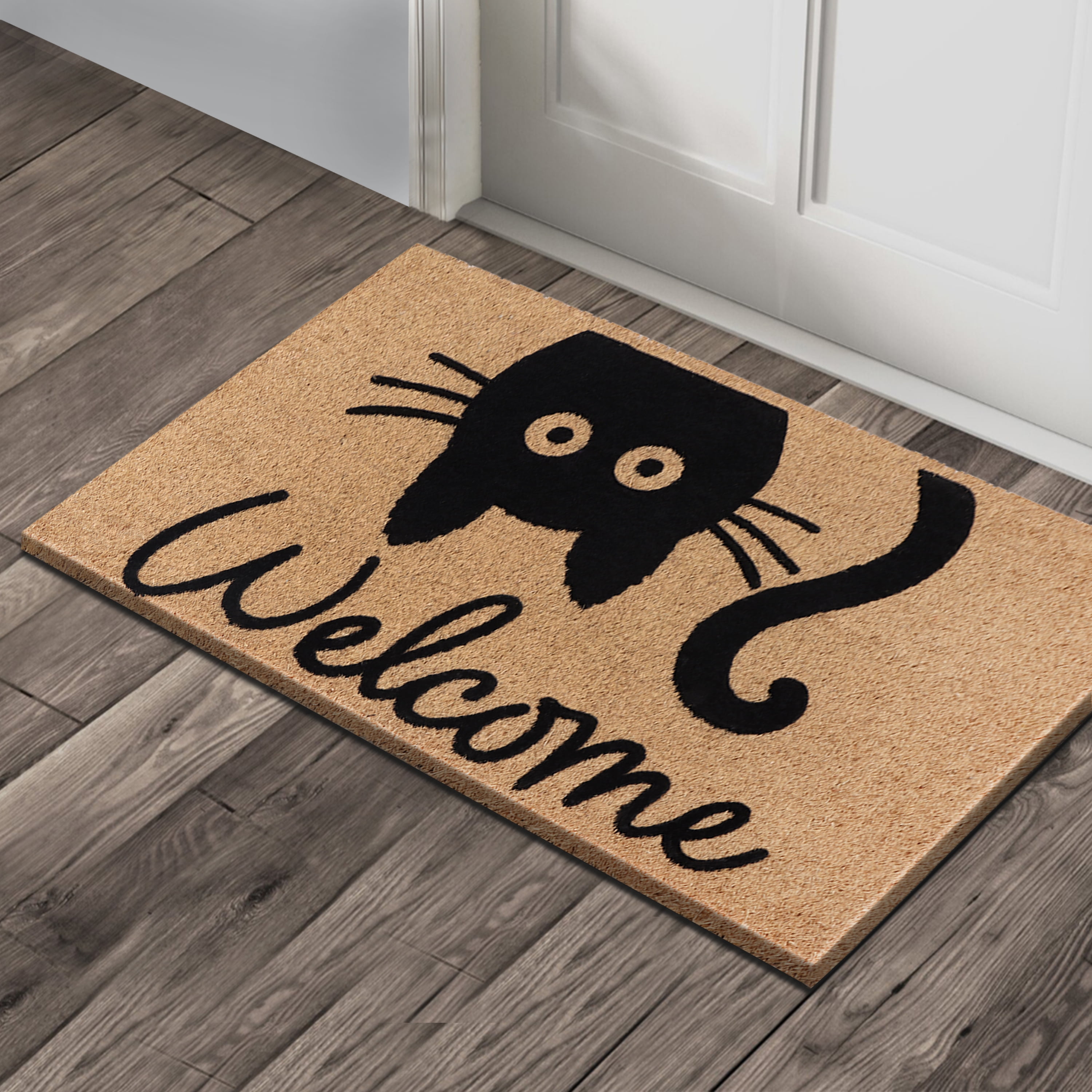 A1HC Natural Coir Flocked Doormat, Cat Welcome , 18"x30", Durable Outdoor Mat, Non-Slip, Pet Friendly, Fade Resistant