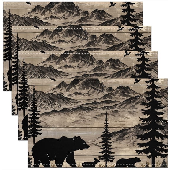 Western Rustic Bear Placemats Set of 4 Bear Mountain Tree Table Mats Cabin Country Place Mat for Kitchen Dining Table Party Decor Indoor Outdoor 18"x12" Non-Slip Easy to Clean Wild Animal