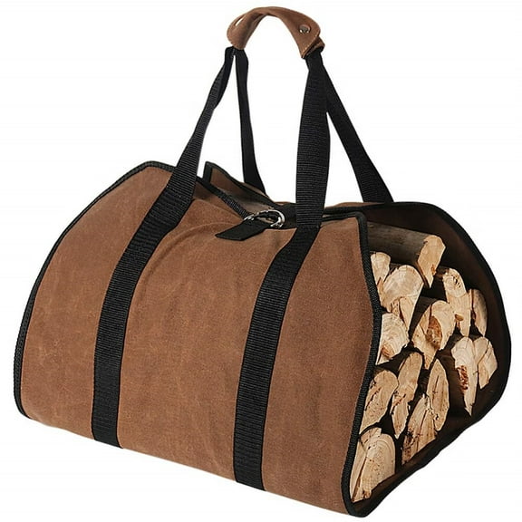 Firewood Carrier,38in x 18in 16oz Waxed Canvas Log Carrier for Firewood,Wood Carrying Bag with Handles Securing Straps for Indoors Camping Trip Christmas Gift (Brown)