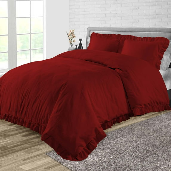 Duvet Cover 3 Piece Egyptian Cotton Cozy & Breathable 600 Thread Count Trimmed Ruffle Duvet Covers with Zipper Closure & Corner Ties Soft Comforter Cover (Oversized Queen, Burgundy )